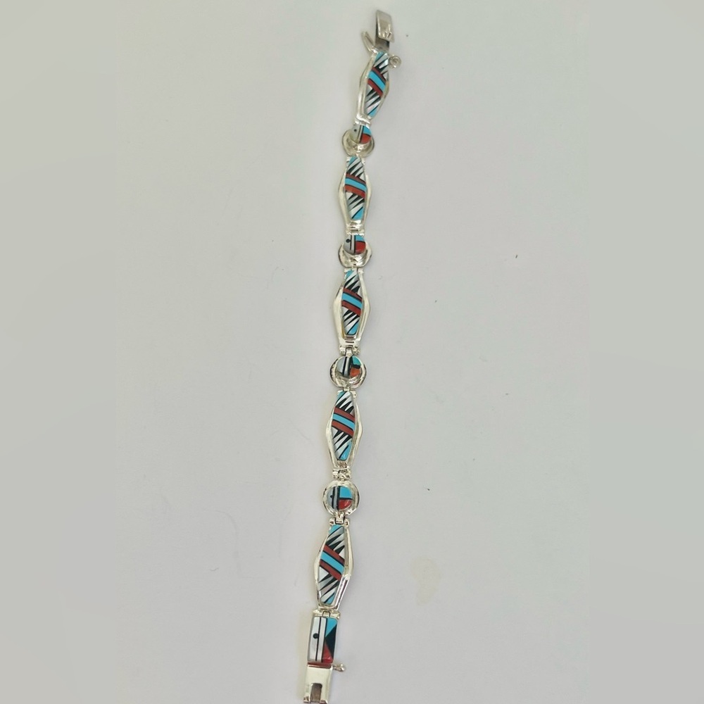 Vtg Native American ZUNI Sterling Sun Face Inlaid Onyx Pearl Coral Bracelet 6.5" - Picture 9 of 11